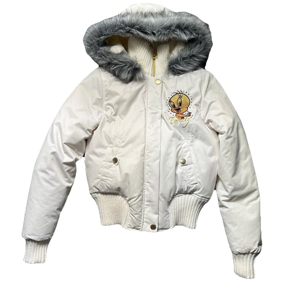 Lot 29 Tweety Womens S Puffer Jacket White Fur Hood Crop Y2K Vintage